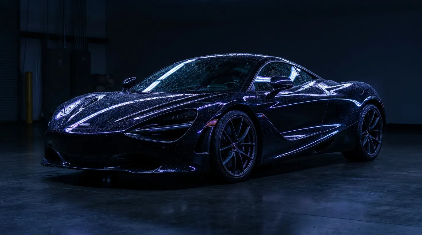 Glossy black sports car with ceramic coating under blue studio lighting
