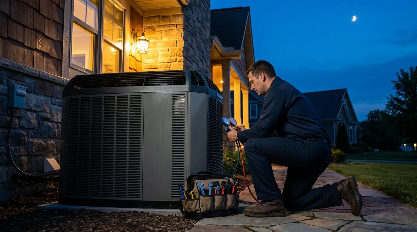 HVAC technician servicing a condenser unit beside a home at dusk