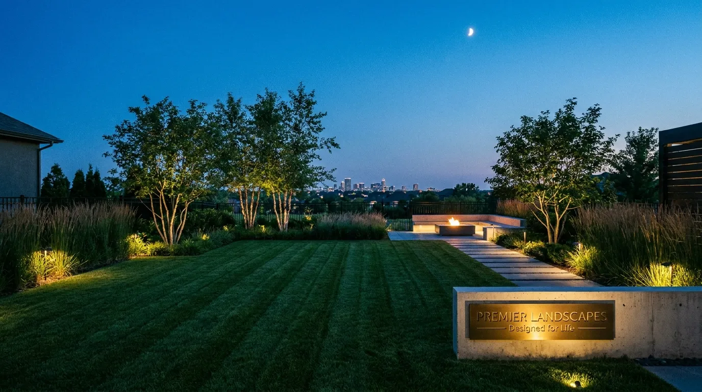 Pristine landscaped backyard at dusk with landscape lighting