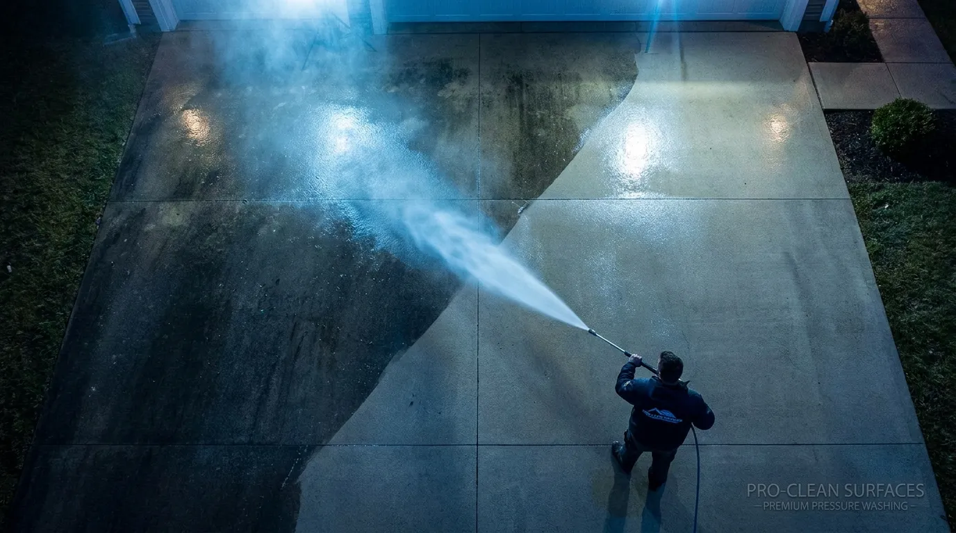 Driveway half-cleaned by pressure washing showing dramatic contrast