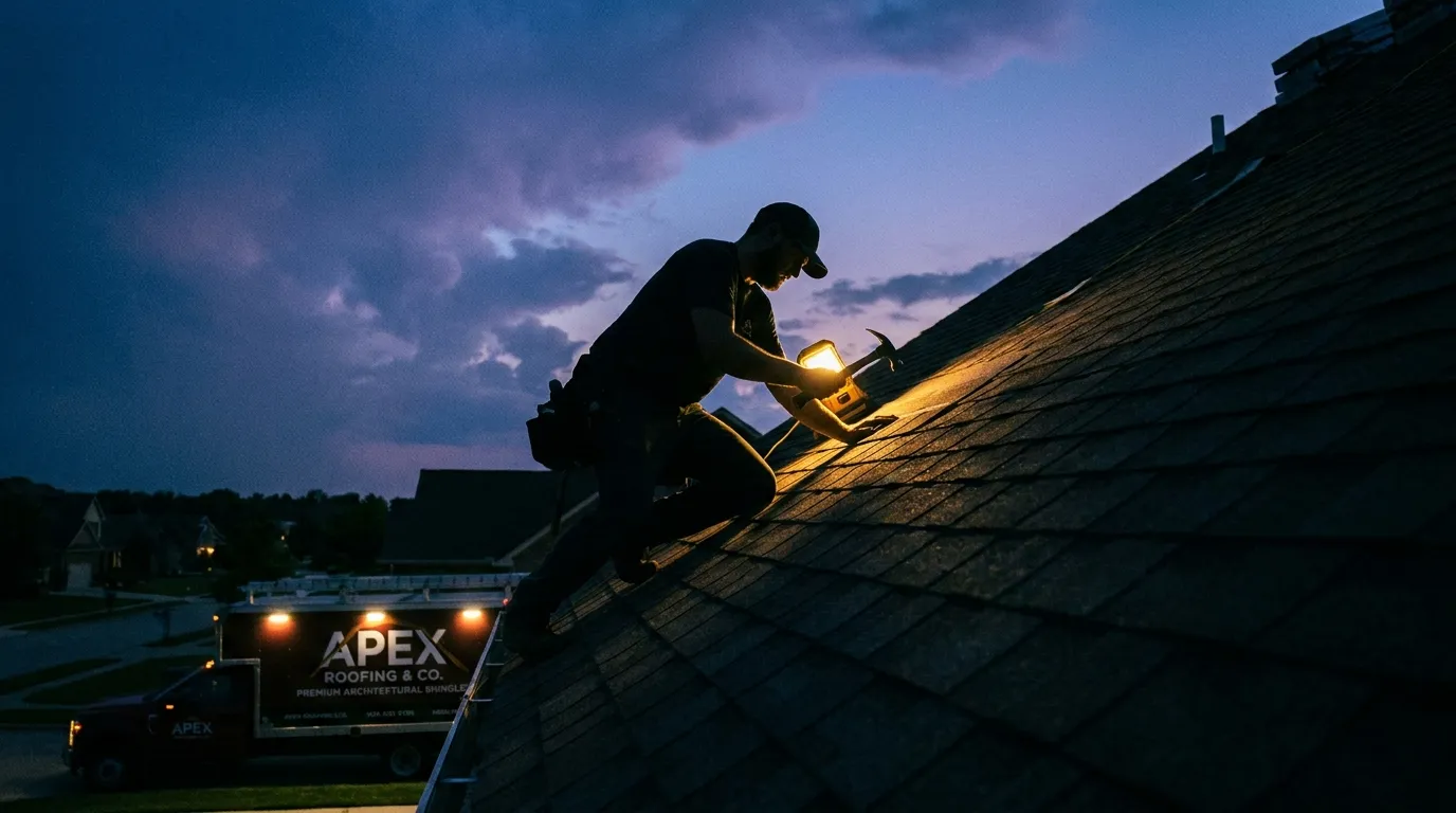 Roofer installing shingles on a residential roof at dusk